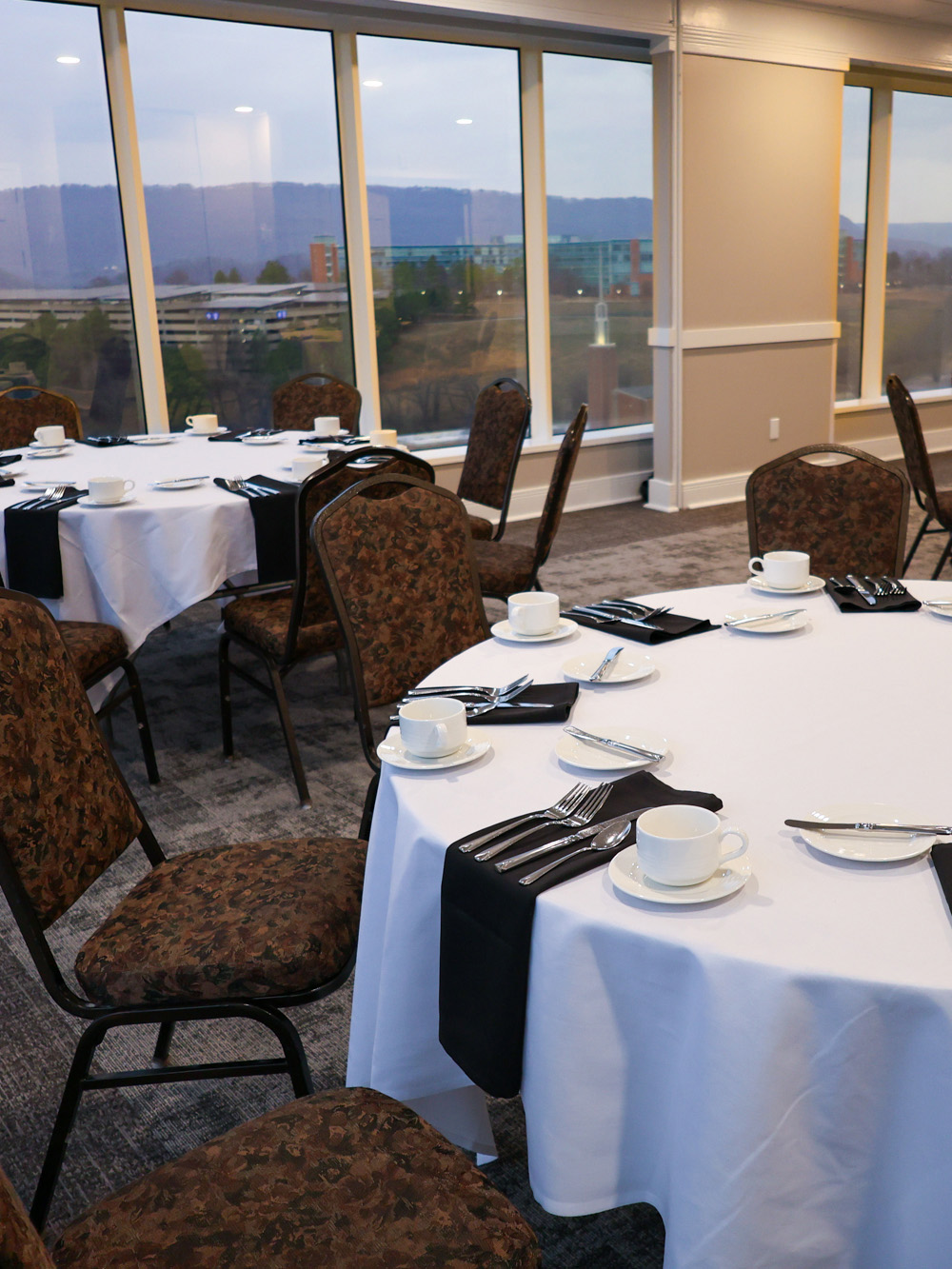 The Forest Room and Tennessee Room combined with views of Elder Mountain through the tall windows.